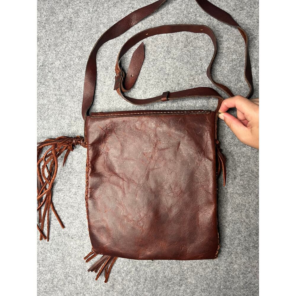 Handmade Brown Leather Fringe Crossbody Bag Braided Stone Boho Western - Picture 5 of 7